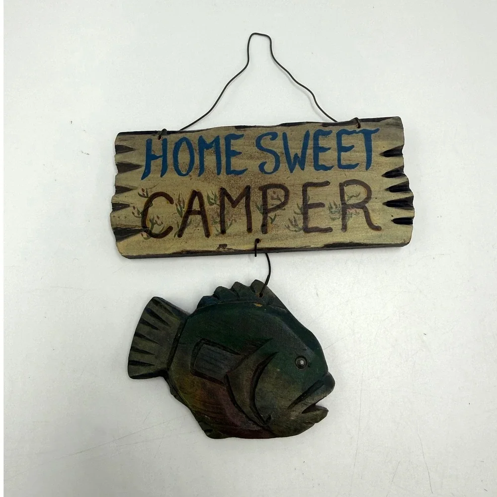 Vintage Rustic Wood Home Sweet Camper Sign Hanging Fish Cabin Decor Hand Painted